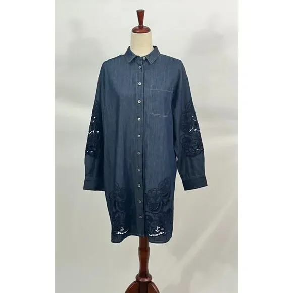 JOHNNY WAS Jade Sz S Small Katella Denim Eyelet Lace Shirt Dress NWT - Picture 8 of 10